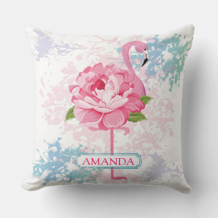 Monogram Hand painted flamingo Throw Pillow