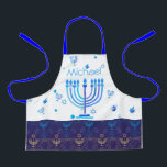 Monogram Hanukkah Festival Menorah Lights Apron<br><div class="desc">Hanukkah Menorah Lights Holiday label. Monogram and Hanukkah Logo Decoration with traditional symbols pattern. Home & Living > Kitchen & Dining > Table & Kitchen Linens > Aprons. Israel,  Jerusalem. Sofiartmedia Modern Design.
Judaica Modern Design with text template. Personalize them by adding name or wishes text.</div>