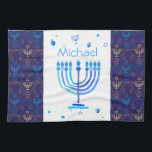 Monogram Hanukkah Festival Menorah Lights Kitchen Towel<br><div class="desc">Hanukkah Menorah Lights Holiday label. Monogram and Hanukkah Logo Decoration with traditional symbols pattern. Home & Living > Kitchen & Dining > Table & Kitchen Linens > Kitchen Towels. Israel,  Jerusalem. Sofiartmedia Modern Design.
Judaica Modern Design with text template. Personalize them by adding name or wishes text.</div>