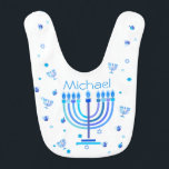 Monogram Hanukkah Menorah Lights Holiday symbol Bib<br><div class="desc">Hanukkah Menorah Lights Holiday label. Monogram and Hanukkah Logo Decoration with traditional symbols pattern. Baby & Kids > Nursing,  Feeding & Health > Bibs. Israel,  Jerusalem. Sofiartmedia Modern Design.
Judaica Modern Design with text template. Personalize them by adding name or wishes text. Two sides design.</div>