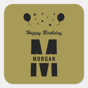Monogram Happy Birthday Any Age Gold Black Stars Square Sticker