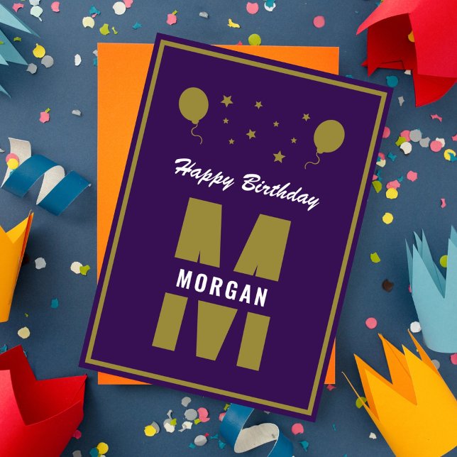 Monogram Happy Birthday Any Age Purple White Gold Card (Creator Uploaded)