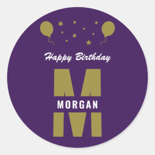 Monogram Happy Birthday Any Age Purple White Gold Classic Round Sticker