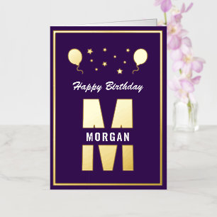 Monogram Happy Birthday Any Age Purple White Gold Foil Greeting Card