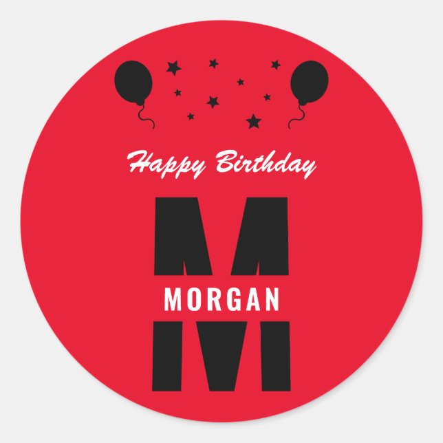 Monogram Happy Birthday Any Age Red Black White Classic Round Sticker (Front)