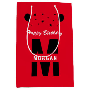 Monogram Happy Birthday Any Age Red Black White Medium Gift Bag