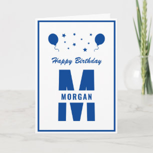 Monogram Happy Birthday Any Age White Blue Stars Card