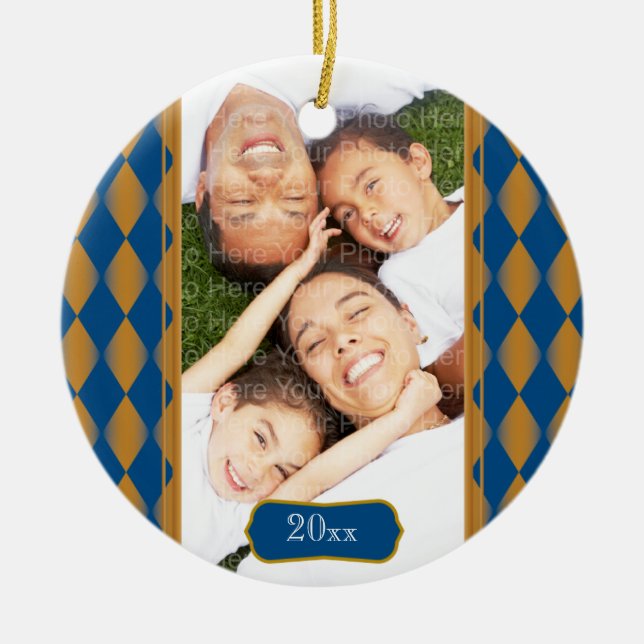 Monogram Harlequin: Blue & Gold Ceramic Ornament (Front)