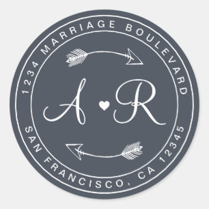 Monogram Heart Arrow Blue Wedding Return Address Classic Round Sticker