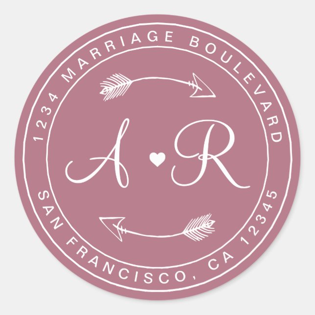 Monogram Heart Arrow Wedding Return Address Classic Round Sticker (Front)