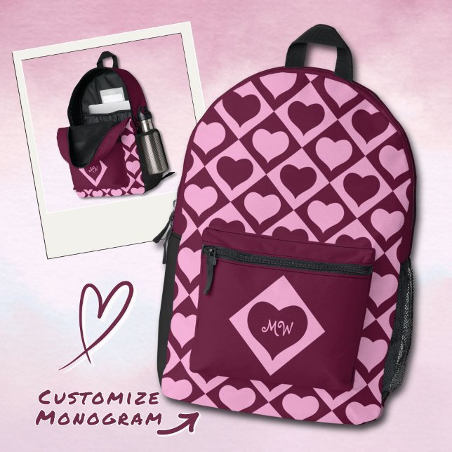 Monogram Heart Checkerboard Pattern Bordeaux Pink  Printed Backpack (Creator Uploaded)