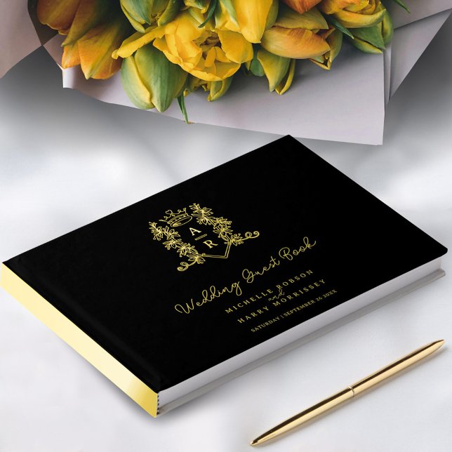 Monogram heart crest gold black wedding guest book (Creator Uploaded)