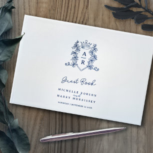 Monogram heart crest hand drawn blue white wedding guest book