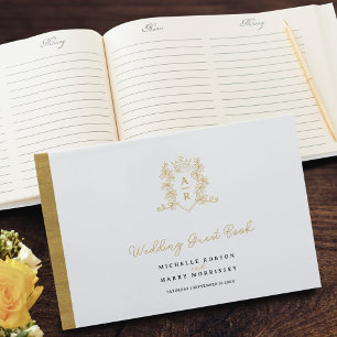 Monogram heart crest hand drawn white wedding guest book