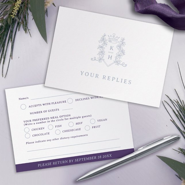 Monogram heart crest silver white purple wedding RSVP card (Creator Uploaded)