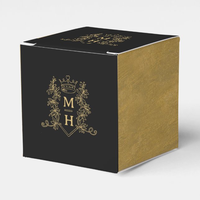 Monogram heart crown crest black gold wedding favor box (Front Side)