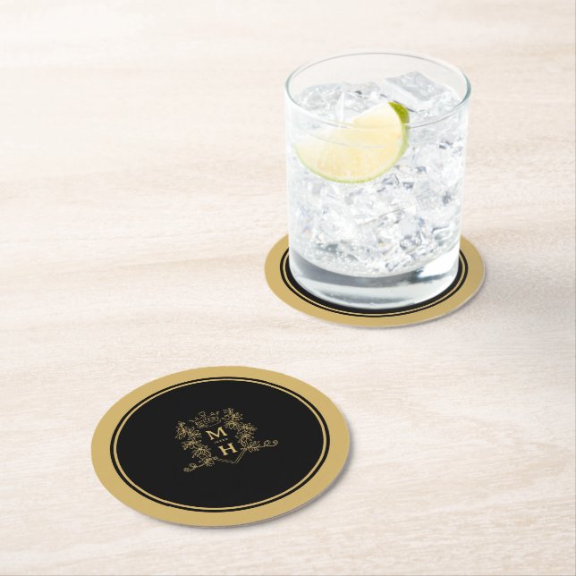 Monogram heart crown crest gold black wedding round paper coaster (Insitu)
