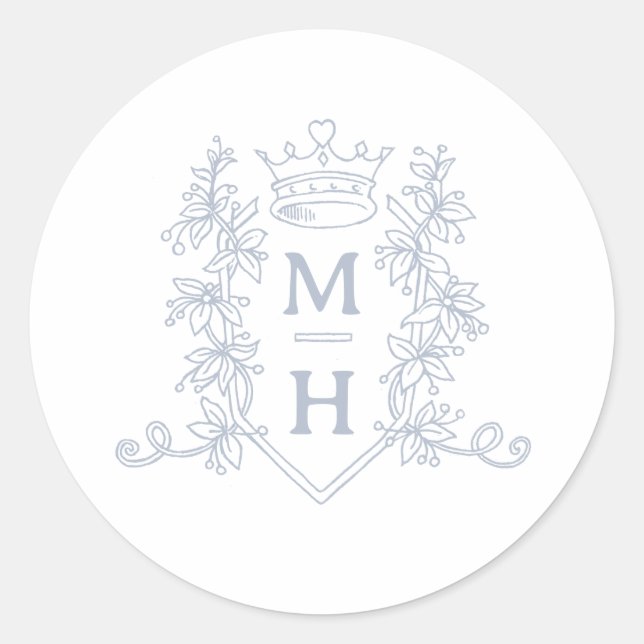 Monogram heart crown crest silver wedding classic round sticker (Front)