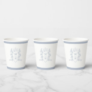 Monogram heart crown white silver wedding paper cups