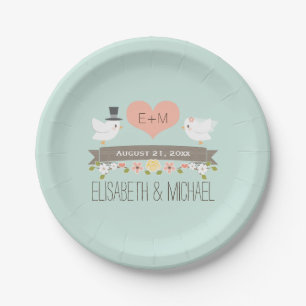 Monogram Heart Mint Green Love Bird Dove Wedding Paper Plate