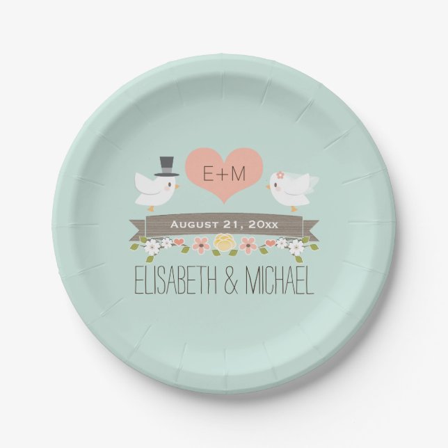 Monogram Heart Mint Green Love Bird Dove Wedding Paper Plate (Front)