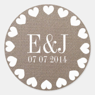 Monogram heart wedding stickers   burlap texture