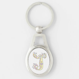 Monogram hearts flowers initial letter J keyring