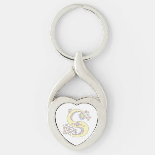 Monogram hearts flowers initial letter S keyring