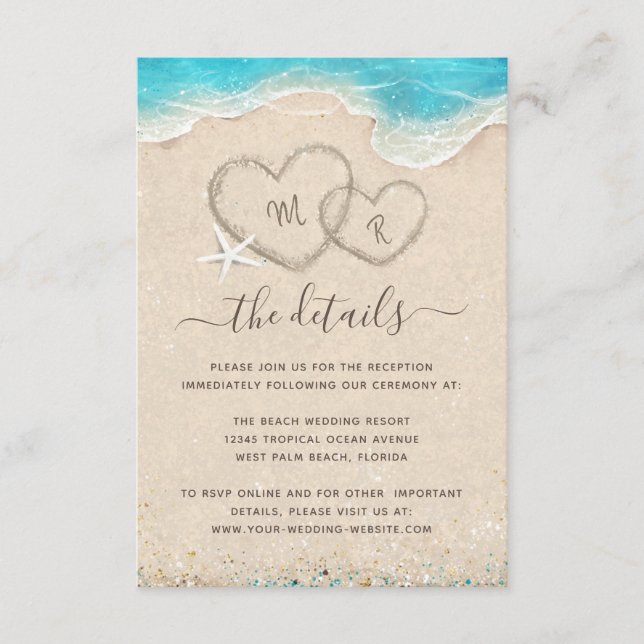 Monogram Hearts in the Sand Beach Wedding Enclosure Card (Front)