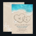 Monogram Hearts in the Sand Beach Wedding Invitation<br><div class="desc">Create your own unique elegant beach wedding invitations with your personalized monogram initials... The watercolor design features artwork illustrated by Raphaela Wilson. 2 hearts in the sand flecked with gold, sparkling ocean waves, starfish, string lights and other tropical elements come together beautifully to create a custom wedding invitation perfect for...</div>