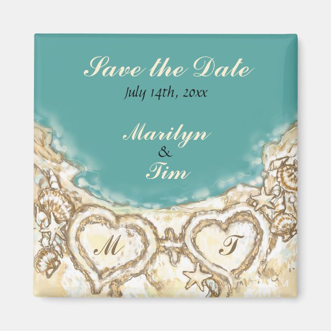 Monogram Hearts on the Beach Save the Date Magnet (Front)