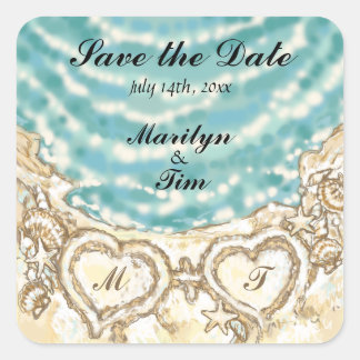 Monogram Hearts on the Beach Save the Date Square Sticker