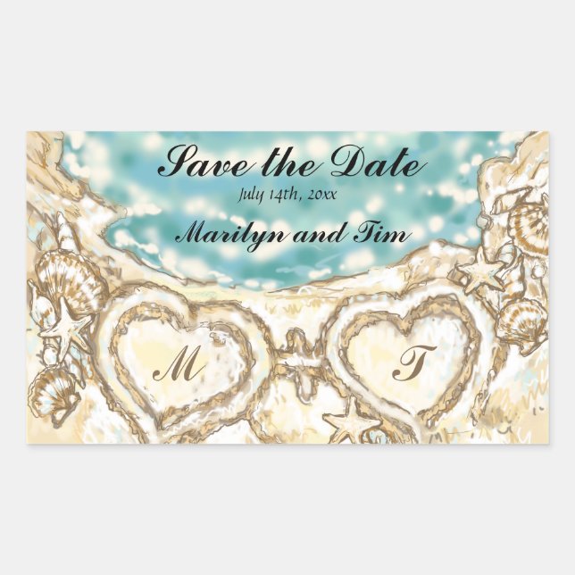 Monogram Hearts on the Beach Save the Date Sticker (Front)