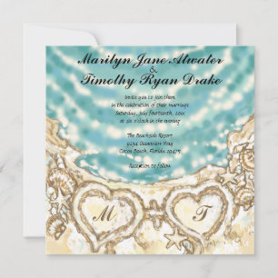 Monogram Hearts on the Beach Wedding Invitation
