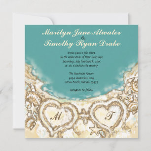 Monogram Hearts on the Beach Wedding Invitation
