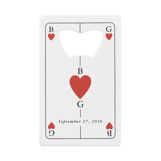Monogram Hearts Playing Card Wedding Bar Bottle Credit Card Bottle Opener (Front)