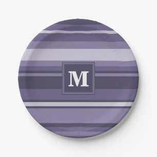 Monogram heather purple stripes paper plate