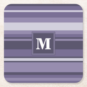 Monogram heather purple stripes square paper coaster