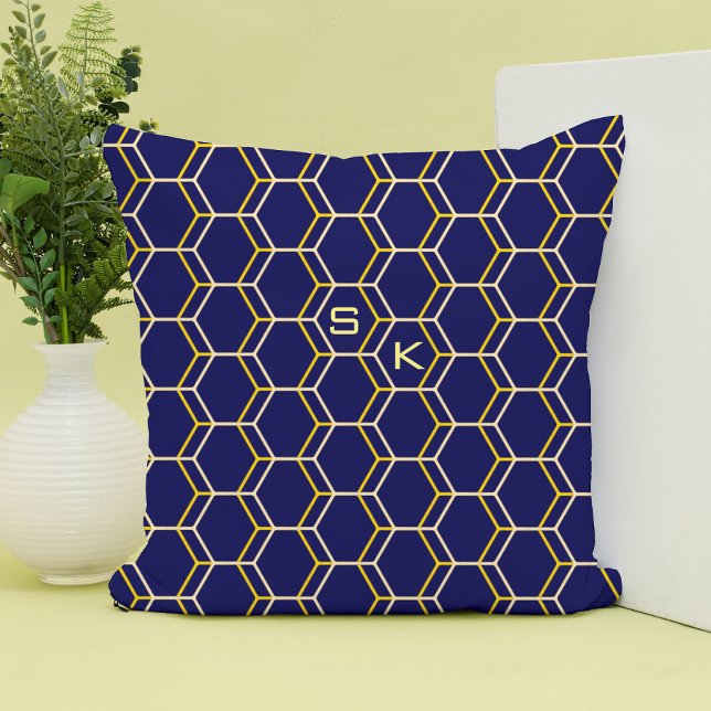 Monogram hexagon pattern blue yellow Manly Elegant Throw Pillow (Creator Uploaded)
