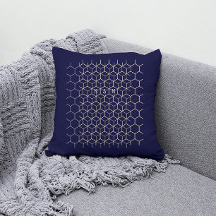 Monogram hexagon pattern dark blue geek initials throw pillow