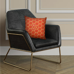 Monogram hexagon pattern orange yellow Manly Throw Pillow