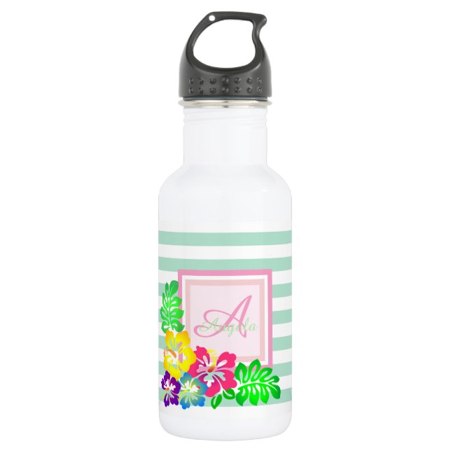 Monogram,Hibiscus  on  Stripes-Personalized 532 Ml Water Bottle (Front)