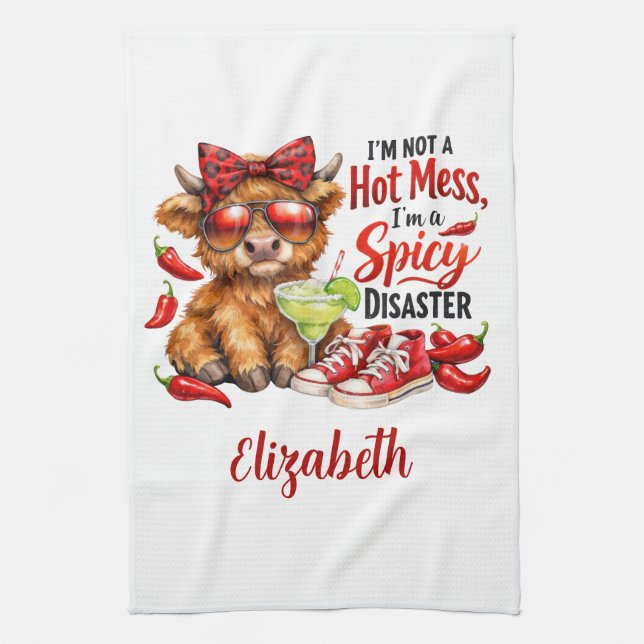 Monogram Highland Cow Hot Mess Funny Humorous  Kitchen Towel (Vertical)