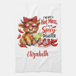 Monogram Highland Cow Hot Mess Funny Humourous Kitchen Towel
