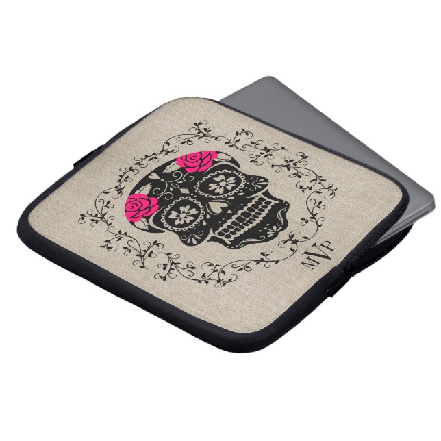 Monogram Hipster Black & Pink Sugar Skull Burlap Laptop Sleeve (Front Top)