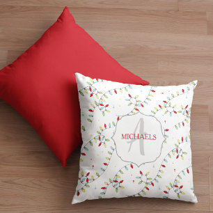 Monogram Holiday String Lights Custom Christmas Throw Pillow
