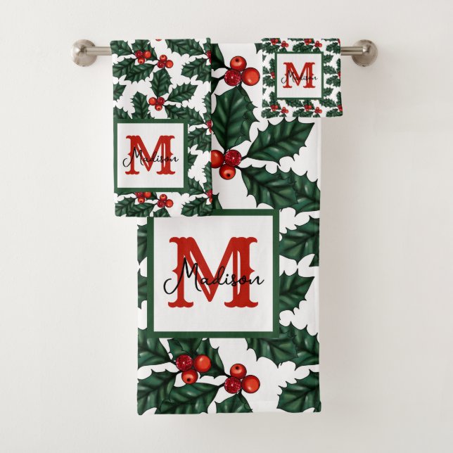 Monogram Holly Berry Christmas Bath Towel Set (Insitu)