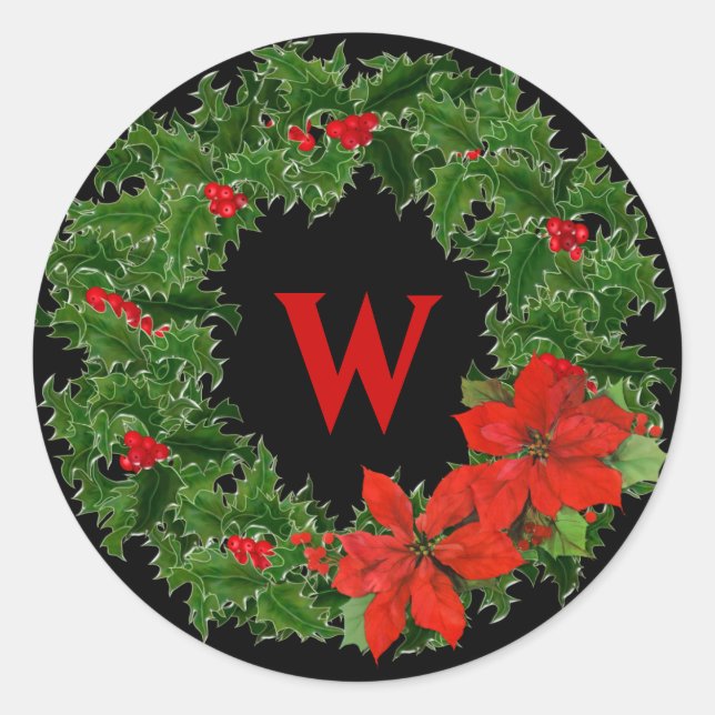 Monogram Holly Wreath Christmas on Black Classic Round Sticker (Front)