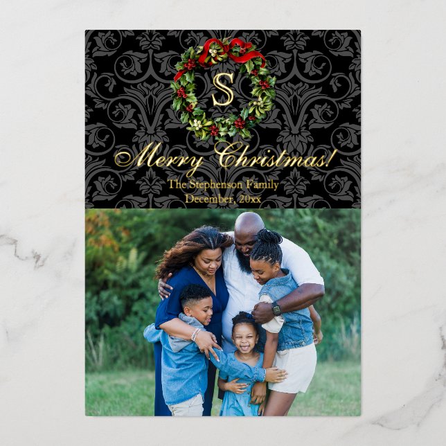 Monogram Holly Wreath Christmas Photo Foil Holiday Card (Front)