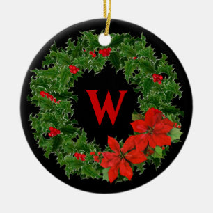 Monogram Holly Wreath on Black - 2 Sided Ceramic Ornament